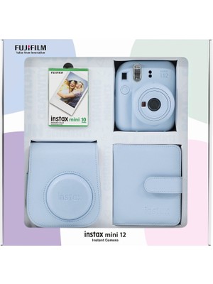 Fujifilm Instax Mini 12 Mavi Fotoğraf Makinesi Bundle Box + 10'lu Film Kare Albüm ve Deri Kılıflı