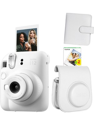 Fujifilm Instax Mini 12 Beyaz Fotoğraf Makinesi + 20'li Film ve Deri Çanta Albüm Hediye Seti