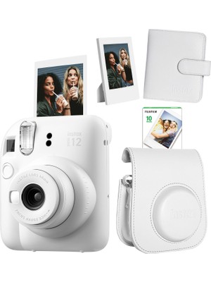 Fujifilm Instax Mini 12 Beyaz Fotoğraf Makinesi + 10'lu Film Çerçeve Kare Albüm ve Deri Kılıf Seti