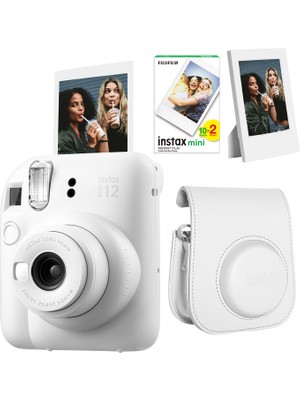 Fujifilm Instax Mini 12 Beyaz Fotoğraf Makinesi + 20'li Film Çerçeve ve Deri Kılıf Seti