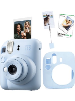 Fujifilm Instax Mini 12 Mavi Fotoğraf Makinesi + 10'lu Film Kıskaçlı Resim Standı ve Silikon Kılıf Seti
