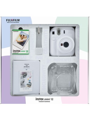 Fujifilm Instax Mini 12 Beyaz Fotoğraf Makinesi + 10'lu Film Simli Pleksi Kılıf Pvc Albüm ve Kıskaçlı Resim Standı Bundle Box