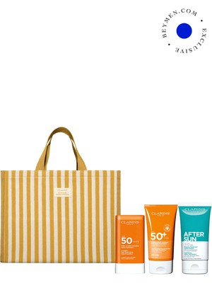 Clarins Yüz ve Vücut SPF50+ Güneş Kremi + Güneş Sonrası Balsamı + Plaj Çantası Seti