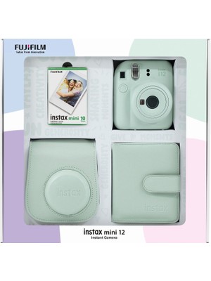 Fujifilm Instax Mini 12 Yeşil Fotoğraf Makinesi Bundle Box + 10'lu Film Kare Albüm ve Deri Kılıflı