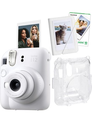 Fujifilm Instax Mini 12 Beyaz Fotoğraf Makinesi + 10'lu Film Mini Albüm ve Şeffaf Kılıf Seti