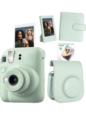 Fujifilm Instax Mini 12 Yeşil Fotoğraf Makinesi + 10'lu Film Çerçeve Kare Albüm ve Deri Kılıf Seti