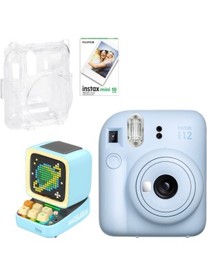 Fujifilm Instax Mini 12 Mavi Fotoğraf Makinesi + 10'lu Film Şeffaf Kılıf ve Divoom Ditoo Pro Mavi  Bluetooth Hoparlör Set