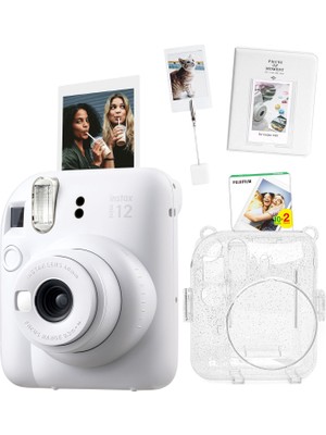 Fujifilm Instax Mini 12 Beyaz Fotoğraf Makinesi + 20'li Film Kıskaçlı Stand Pvc Albüm ve Simli Pleksi Kılıf Seti