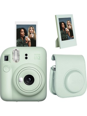 Fujifilm Instax Mini 12 Yeşil Fotoğraf Makinesi + Çerçeve ve Deri Kılıf Seti
