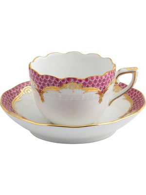 Herend Fish Scale Desenli Pembe Porselen Kahve Fincanı ve Tabağı