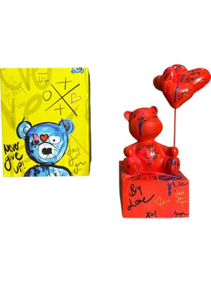 Aslı Sayan Oturan Balonlu Ayıcık Pop Art Kırmızı Dekoratif Heykel