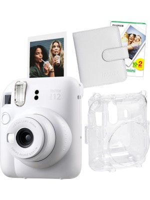 Fujifilm Instax Mini 12 Beyaz Fotoğraf Makinesi + 20'li Film Kare Albüm ve Şeffaf Kılıf Seti