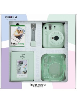 Fujifilm Instax Mini 12 Yeşil Fotoğraf Makinesi + 10'lu Film Simli Pleksi Kılıf Pvc Albüm ve Kıskaçlı Resim Standı Bundle Box