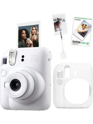 Fujifilm Instax Mini 12 Beyaz Fotoğraf Makinesi + 10'lu Film Kıskaçlı Resim Standı ve Silikon Kılıf Seti