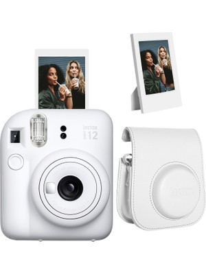 Fujifilm Instax Mini 12 Beyaz Fotoğraf Makinesi + Çerçeve ve Deri Kılıf Seti