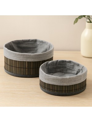 Gees Global Yuvarlak Organizer Sepet - Bambu Kenarlı Ahşap Taban Bezli (Çap 22X24 Cm)