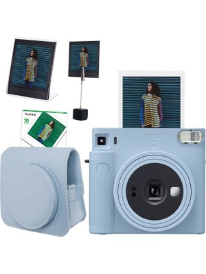 Fujifilm Instax Sq1 Buz Mavi Fotoğraf Makinesi + 10'lu Kare Film Deri Kılıf Pleksi Çerçeve ve Kıskaçlı Stand Set