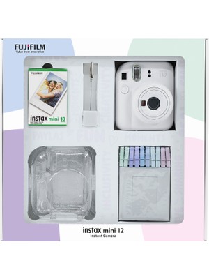 Fujifilm Instax Mini 12 Beyaz Fotoğraf Makinesi + 10'lu Film Simli Pleksi Kılıf Mandal ve Kıskaçlı Resim Standı