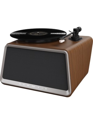 HYM Originals Seed Rca Çıkışlı All-In-One Hi-Fi Ses Sistemi Dahili Bluetooth Hoparlörlü Ceviz Retro Pikap Plakçalar