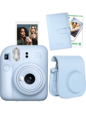 Fujifilm Instax Mini 12 Mavi Fotoğraf Makinesi + 10'lu Film Laporta Albüm ve Deri Kılıf Seti