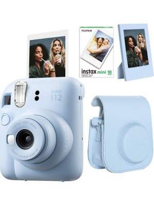 Fujifilm Instax Mini 12 Mavi Fotoğraf Makinesi + 10'lu Film Çerçeve ve Deri Kılıf Seti