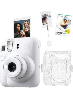 Fujifilm Instax Mini 12 Beyaz Fotoğraf Makinesi +20'li Film Kıskaçlı Resim Standı ve Simli Pleksi Kılıf Seti