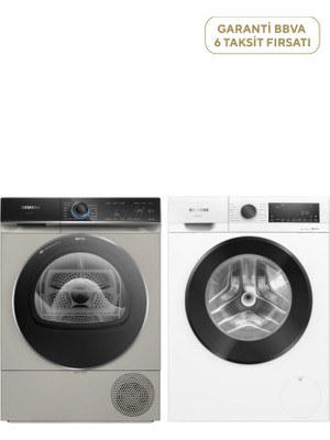 Siemens WG52A203TR IQ300 1200 Devir Çamaşır Makinesi 10 kg + WQ45B2AXTR IQ700 Gümüş Isı Pompalı Kurutma Makinesi 9 kg 2'li Set
