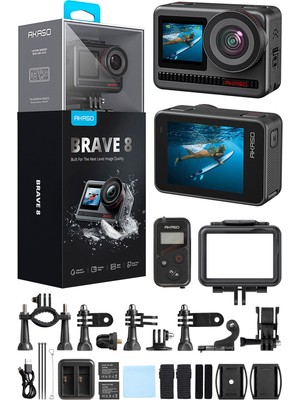 Akaso Brave 8 4K/60FPS 48MP Wi-Fi Dual Screen Aksiyon Kamerası ve Aksesuar Seti