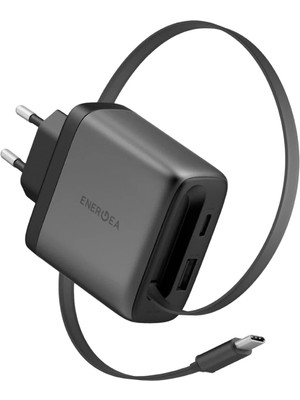 Energea Ampcharge Arc GAN65 Koyu Gri Dahili Type-C Kablolu Şarj Aleti 70 cm