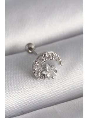 Gees Global 316L Çelik Gümüş Renk Zirkon Taşlı Ay Yıldız Tragus Piercing