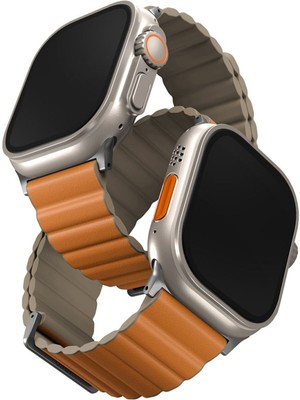 Uniq Revix Premium Reversible Watch 42/44/45/46/49 mm Turuncu Koyu Yeşil Deri Manyetik Akıllı Saat Kordon