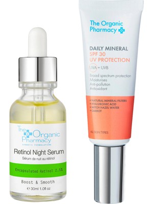 The Organic Pharmacy Bright Defence Retinol Gece Serumu + Günlük Mineral Spf 30+ Güneş Kremi 2'li Cilt Bakım Seti