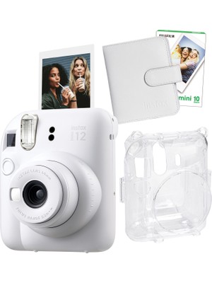 Fujifilm Instax Mini 12 Beyaz Fotoğraf Makinesi + 10'lu Film Kare Albüm ve Şeffaf Kılıf Seti