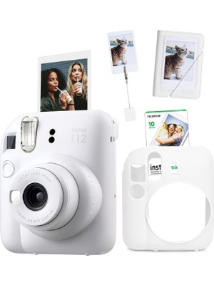 Fujifilm Instax Mini 12 Beyaz Fotoğraf Makinesi + 10'lu Film Kıskaçlı Stand Mini Albüm ve Silikon Kılıf Seti