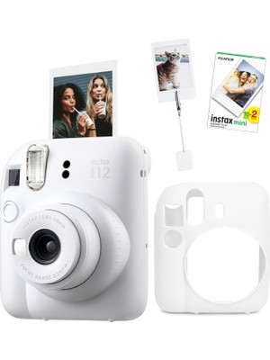 Fujifilm Instax Mini 12 Beyaz Fotoğraf Makinesi + 20'li Film Kıskaçlı Resim Standı ve Silikon Kılıf Seti