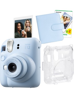 Fujifilm Instax Mini 12 Mavi Fotoğraf Makinesi + 20'li Film Kare Albüm ve Şeffaf Kılıf Seti