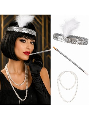 Skygo 1920'LER Gatsby Gümüş Parti Seti - Çarliston Saç Bandı, Inci Kolye ve Sigara Tutacağı