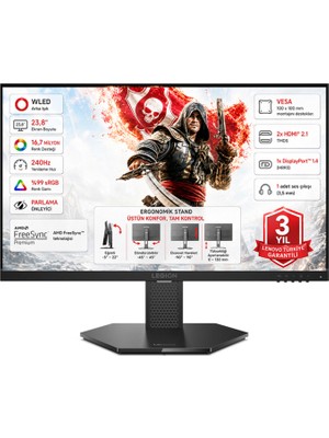 Lenovo Legion 24-15 23.8" 0.5 Ms 240Hz 2xhdmı+Displayport IPS Fhd Wled Pivot Gaming Monitör 67E7GAC4TK