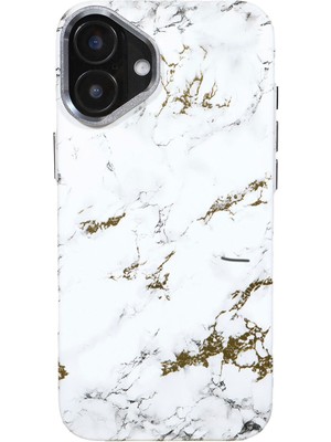 Deercase iPhone 16 Plus Premium Beyaz Mermer Altın Sarısı Desenli Kamera Korumalı Darbe Emici Magsafe Uyumlu Telefon Kılıfı