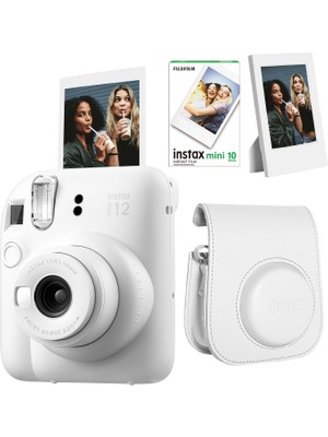 Fujifilm Instax Mini 12 Beyaz Fotoğraf Makinesi + 10'lu Film Çerçeve ve Deri Kılıf Seti