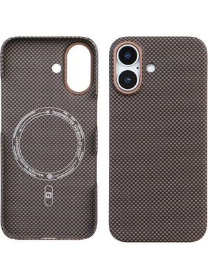 Deercase iPhone 16 Kamera Korumalı Premium Karbon Fiber Magsafe Uyumlu Kahverengi Telefon Kılıfı