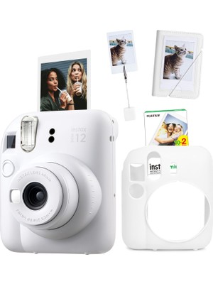 Fujifilm Instax Mini 12 Beyaz Fotoğraf Makinesi + 20'li Film Kıskaçlı Stand Mini Albüm ve Silikon Kılıf Seti