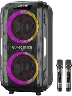 W-King T9PRO Işıklı Karaoke Partybox Ipx5 Kablosuz Ses Bombası Siyah Çift Mikrofonlu Bluetooth Hoparlör