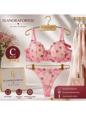 Elanora Amore Kırmızı, Pembe, Mavi Kalp Nakışlı Dantelli Desteksiz Transparan Sütyen Külot Takımı