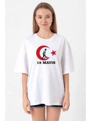 Zenviaa 19 Mayıs Atatürk Gençlik Spor Bayramı Baskılı Bisiklet Yaka T-Shirt - Beyaz ZENVIAAC12