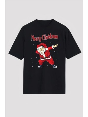 Zenviaa Yılbaşı Merry Christmas Noel Baba Baskılı Oversize Bisiklet Yaka T-Shirt - Siyah Zenvia