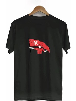 Zenviaa 1 Mayıs Emek ve Dayanışma Bayraklı Emekçi Baskılı Bisiklet Yaka T-Shirt - Siyah Zenvi