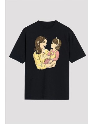 Zenviaa Anneler Günü Hediye Anne Kız Temalı Baskılı Oversize Bisiklet Yaka T-Shirt - Siyah Zen