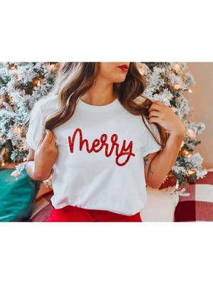 Zenviaa Yılbaşı Merry Christmas Baskılı Kısa Kollu Oversize Bisiklet Yaka T-Shirt - Beyaz Zenv