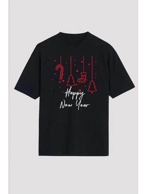 Zenviaa Yılbaşı Happy New Year Baskılı Kısa Kollu Oversize Bisiklet Yaka T-Shirt - Siyah Zenvi